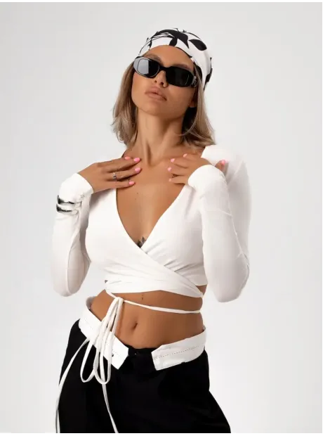 Укороченный кроп топ с длинным рукавом лонгслив с завязками