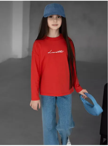 Красный лонгслив базовый оверсайз для девочки