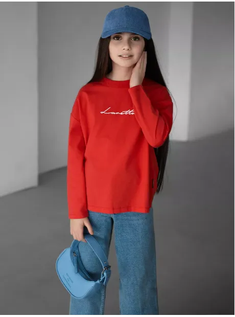 Красный лонгслив базовый оверсайз для девочки