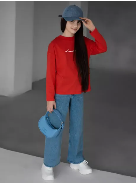 Красный лонгслив базовый оверсайз для девочки