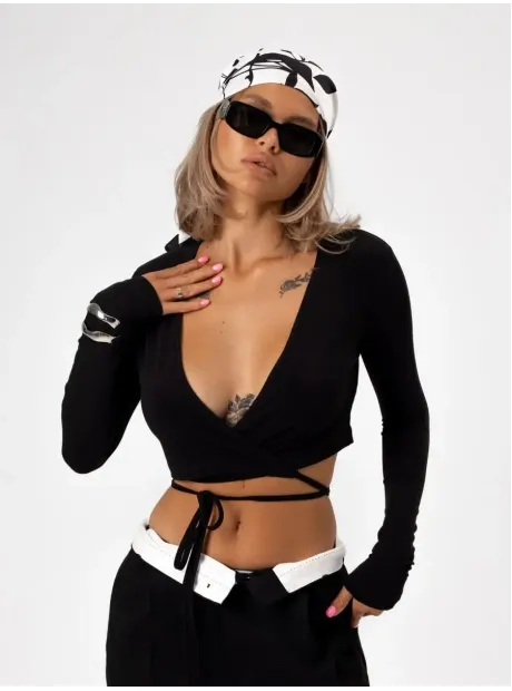 Укороченный кроп топ с длинным рукавом лонгслив с завязками