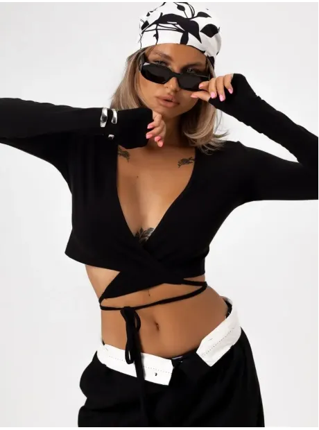 Укороченный кроп топ с длинным рукавом лонгслив с завязками