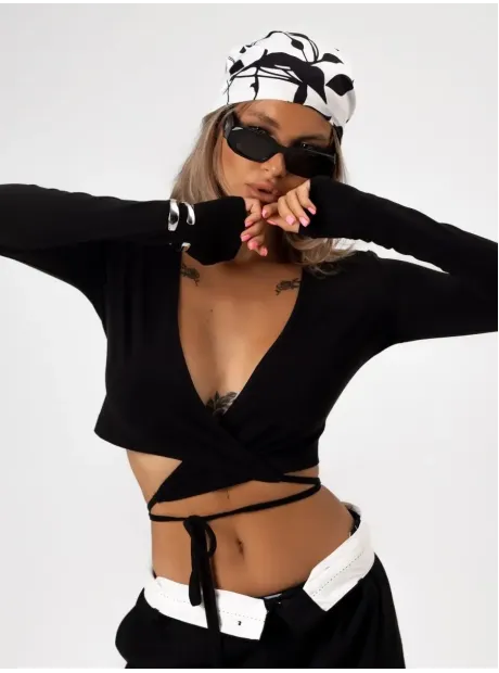 Укороченный кроп топ с длинным рукавом лонгслив с завязками